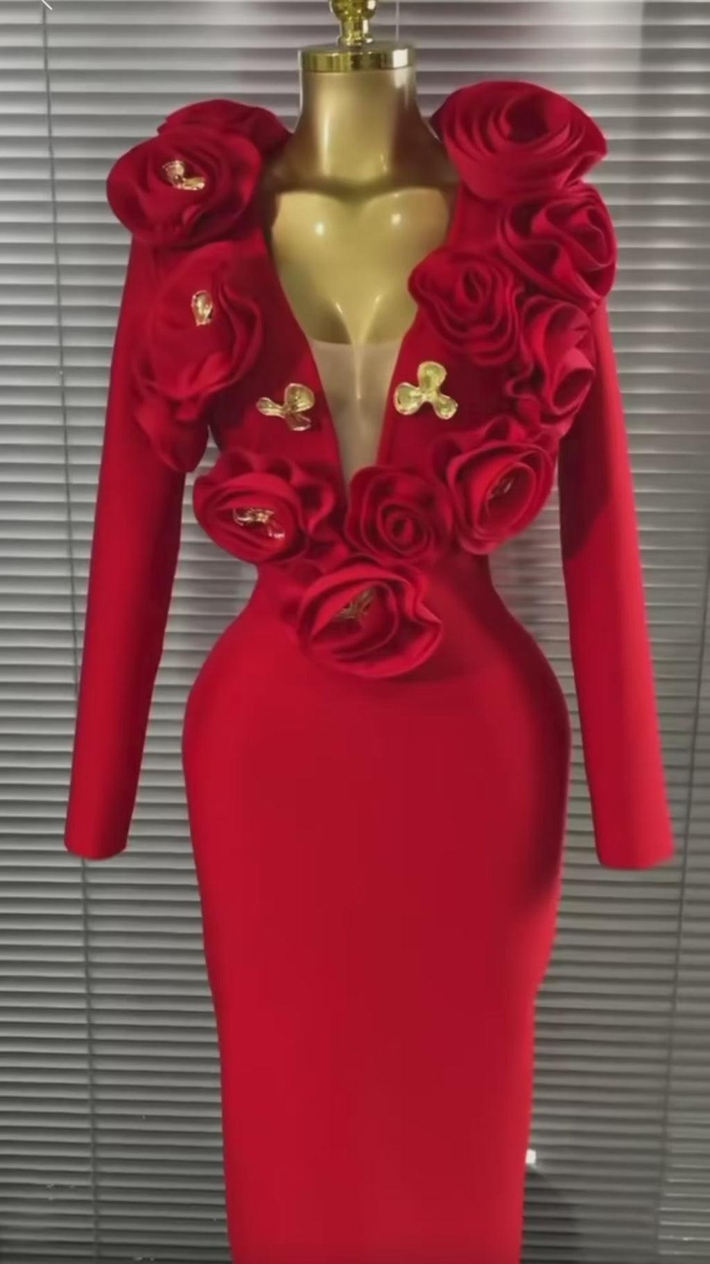 Luxury 3D Rose Floral Accent Long Sleeve Maxi Bandage Dress – Elegant Evening Gown