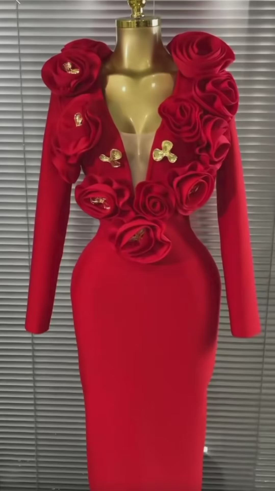 Luxury 3D Rose Floral Accent Long Sleeve Maxi Bandage Dress – Elegant Evening Gown