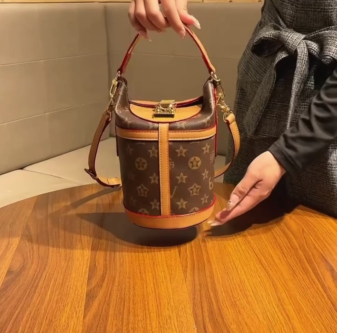 Luxury Monogram Star Bucket Bag for Women – Structured Crossbody Handbag with Adjustable Strap