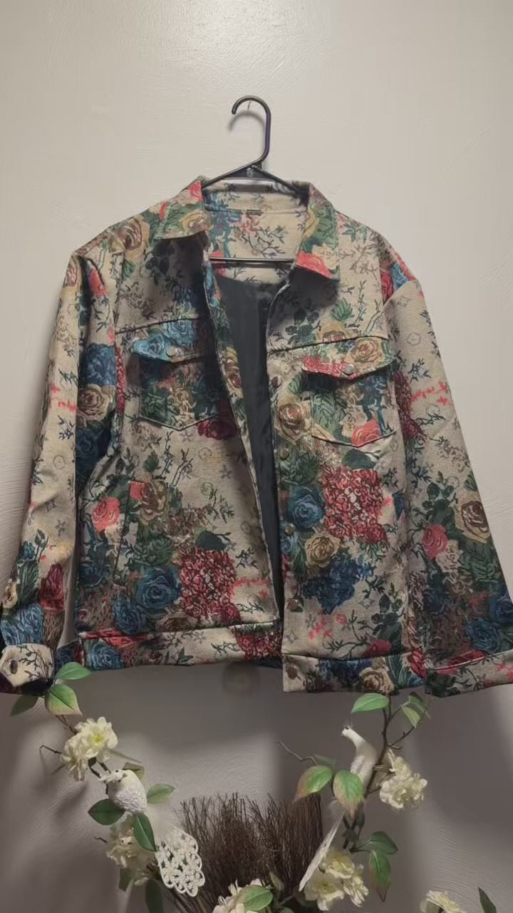 Vintage Inspired Jacquard Floral Men’s Trucker Jacket, Textured Tapestry Western Coat