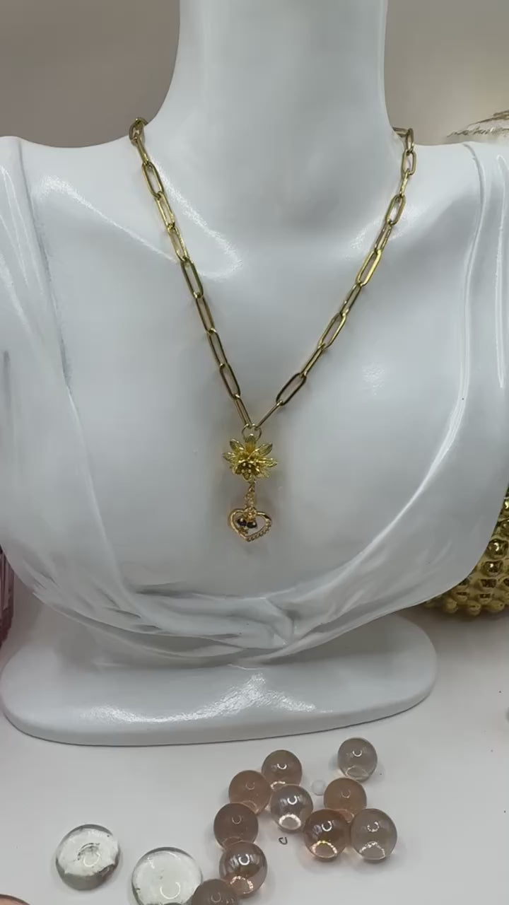 Blue Bloom Heart Drop – 18k Gold PVD Necklace with Floral Accent and Blue Crystal Heart Charm