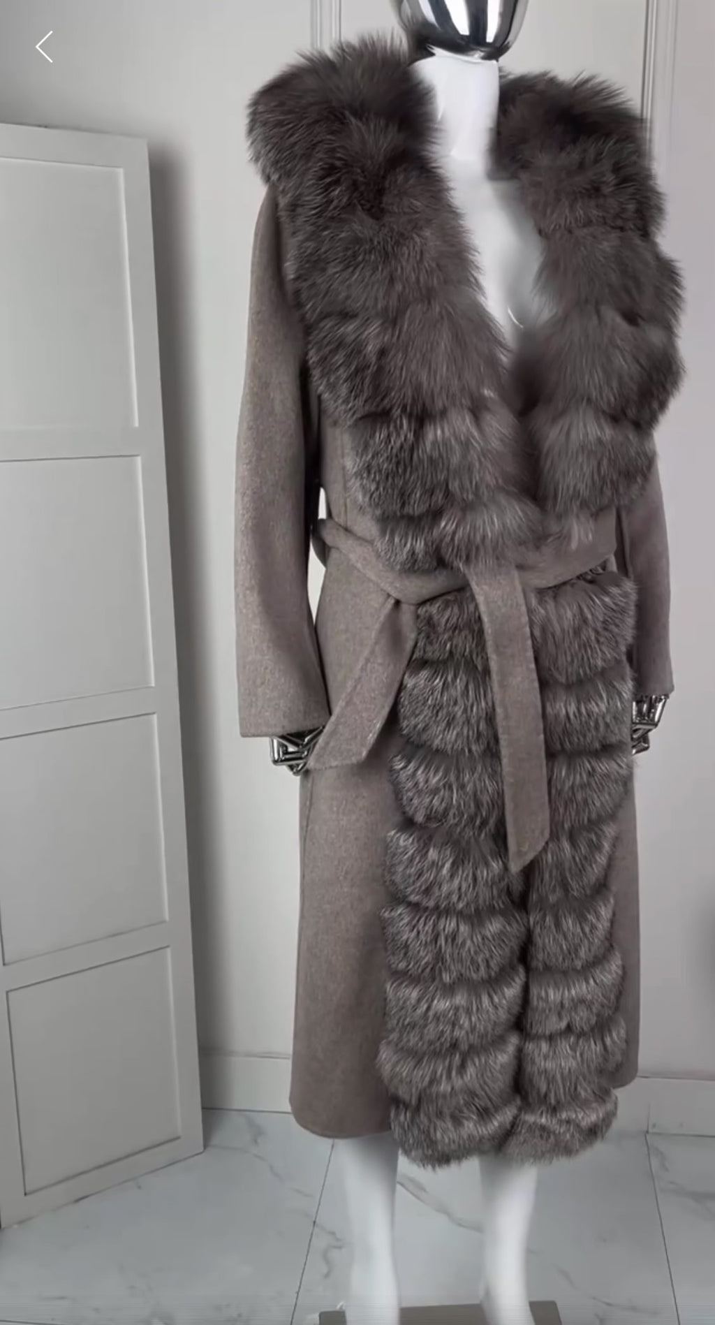 Long Luxury Wool & Cashmere Blend Coat for Women – Winter Warmth with a Genuine Silver Fox Fur Trim & Belted Waist