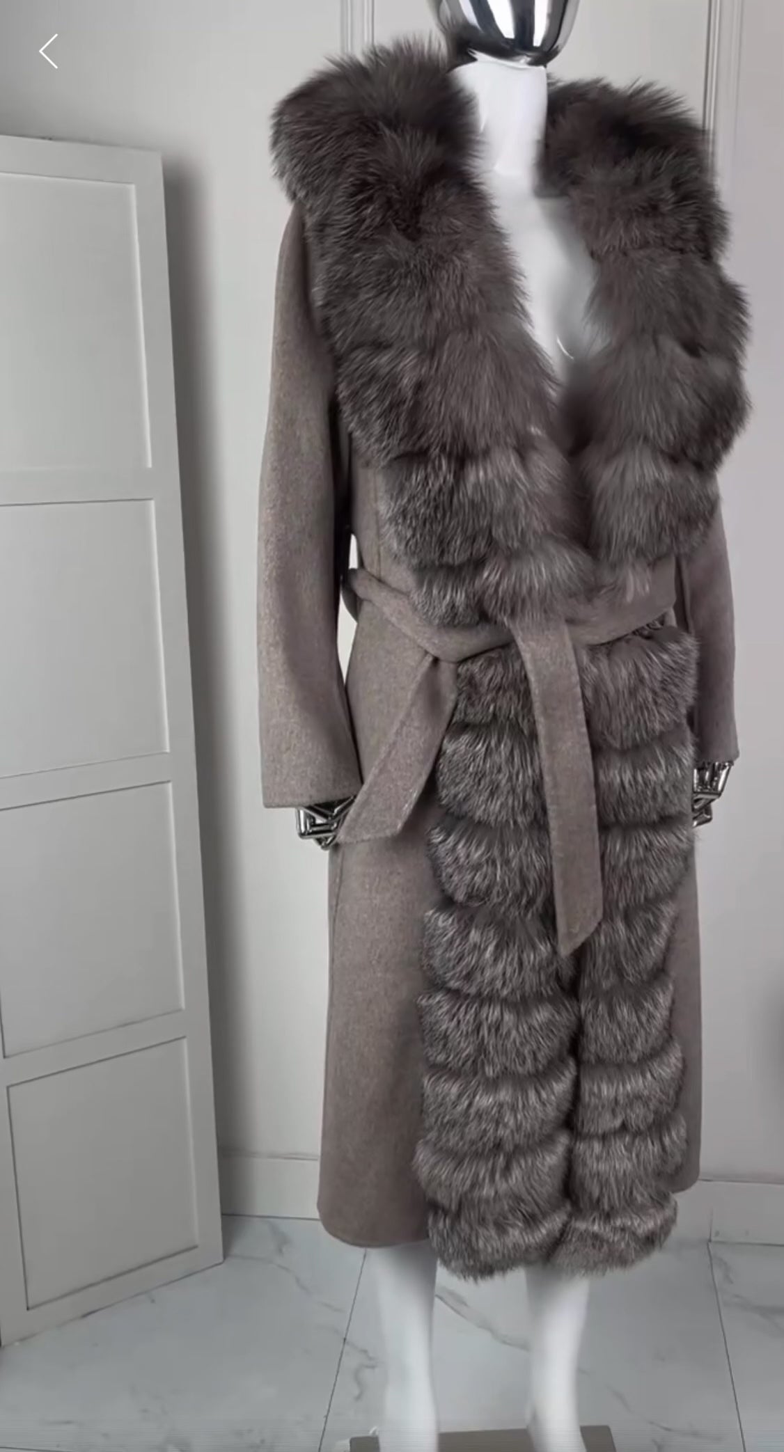 Long Luxury Wool & Cashmere Blend Coat for Women – Winter Warmth with a Genuine Silver Fox Fur Trim & Belted Waist