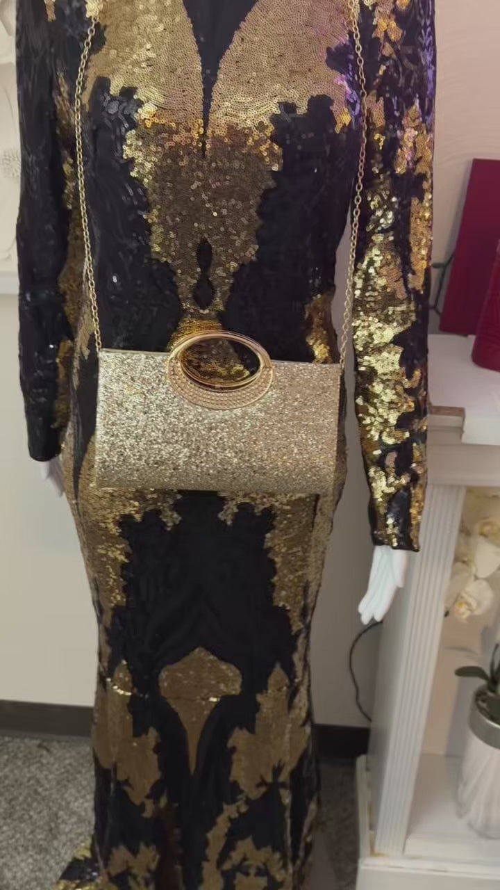 3 piece Black & Gold Sequin Evening Gown with Black Pumps and Gold Clutch set