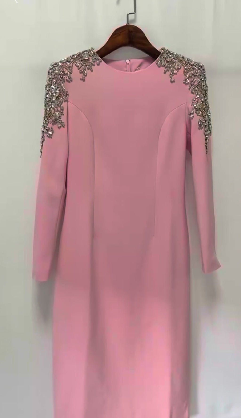 Elegance Crystal Beaded Shoulder Midi Dress, Long Sleeve Cocktail Party Dress, Luxury Formal Evening Gown