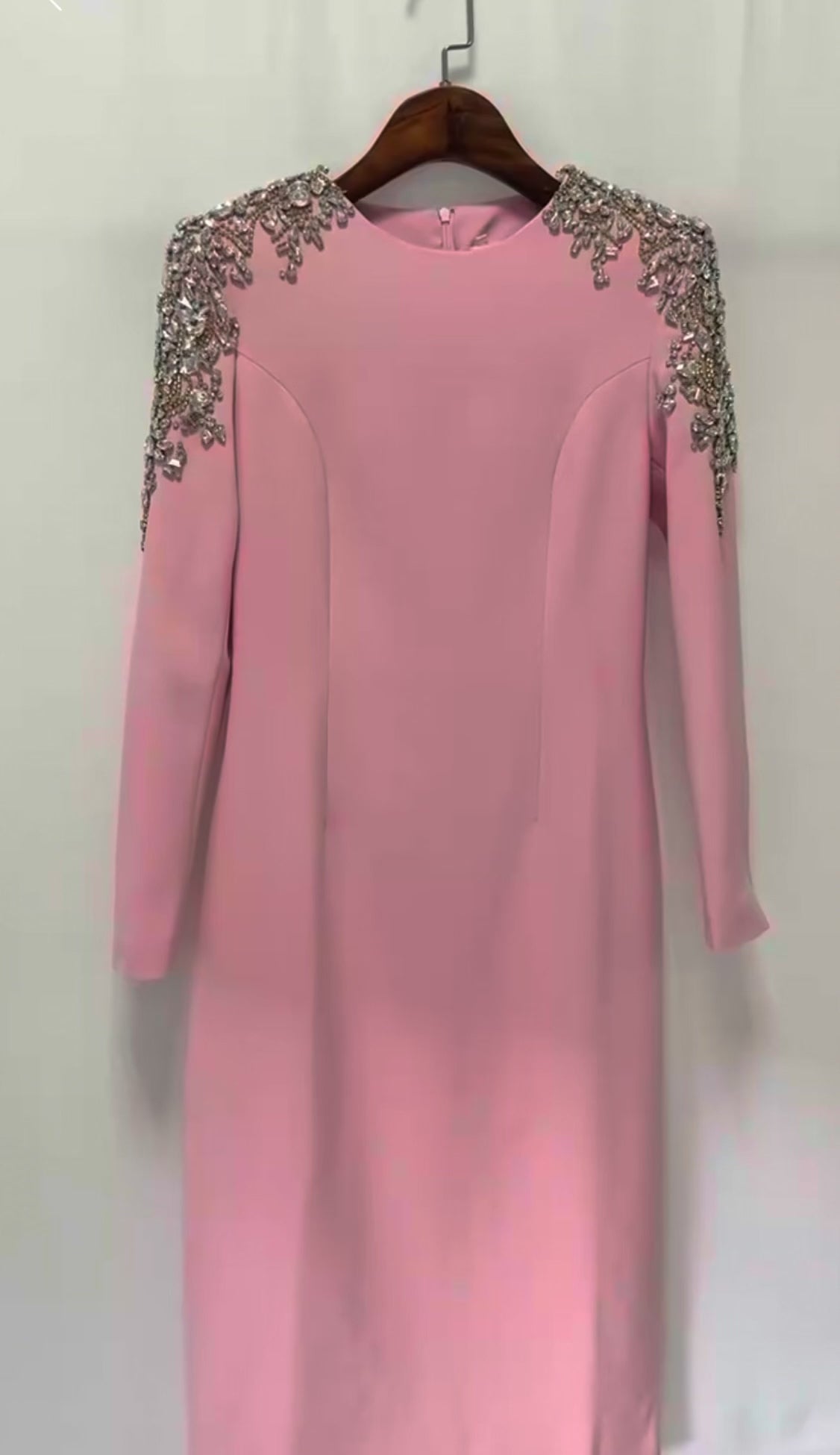 Elegance Crystal Beaded Shoulder Midi Dress, Long Sleeve Cocktail Party Dress, Luxury Formal Evening Gown