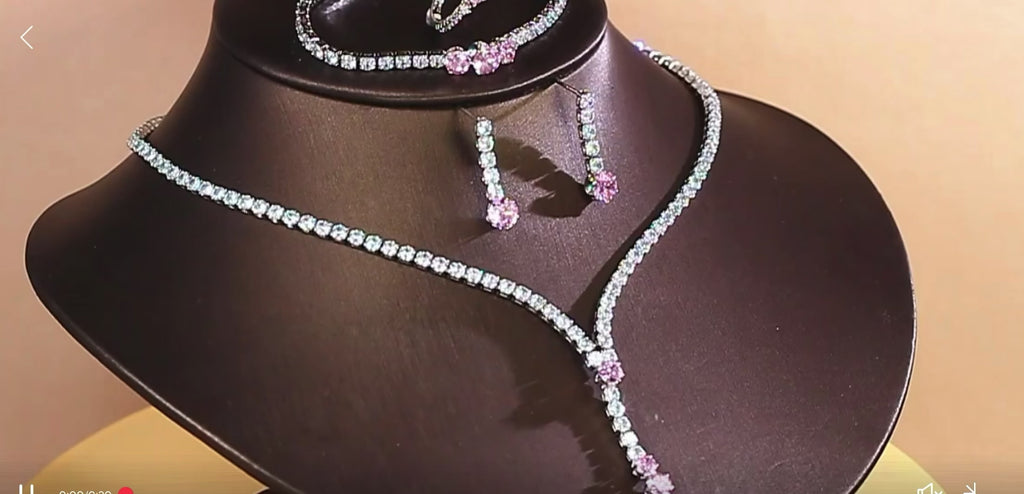 Luxury Pink Cubic Zirconia Jewelry Set for Women – 4-Piece Silver Plated Bridal Necklace, Drop Earrings, Tennis Bracelet & Adjustable Ring