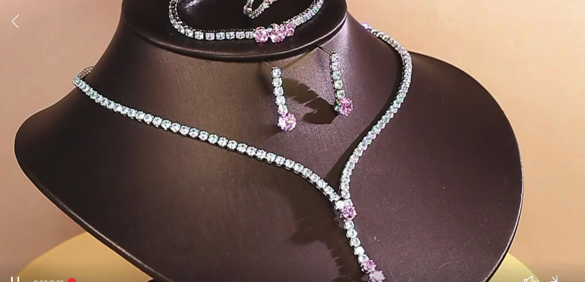 Luxury Pink Cubic Zirconia Jewelry Set for Women – 4-Piece Silver Plated Bridal Necklace, Drop Earrings, Tennis Bracelet & Adjustable Ring