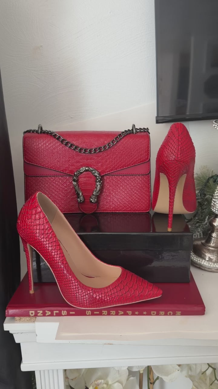 Red Snakeskin Heels and Purse Set | Cobra Print Stiletto Pumps and Dionysus Style Crossbody Bag | Red Crocodile Clutch with Gold Chain | Snakeskin Gift Set for Her