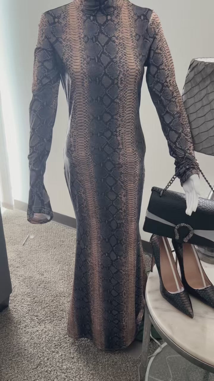Serpentine Ensemble: Snake Print Maxi Dress, Charcoal Handbag & Stilettos | Complete Outfit, Animal Print Fashion